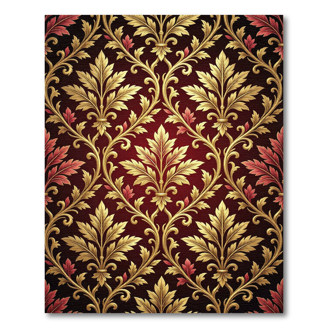 Ornate Gold Leaf Red Damask Rug