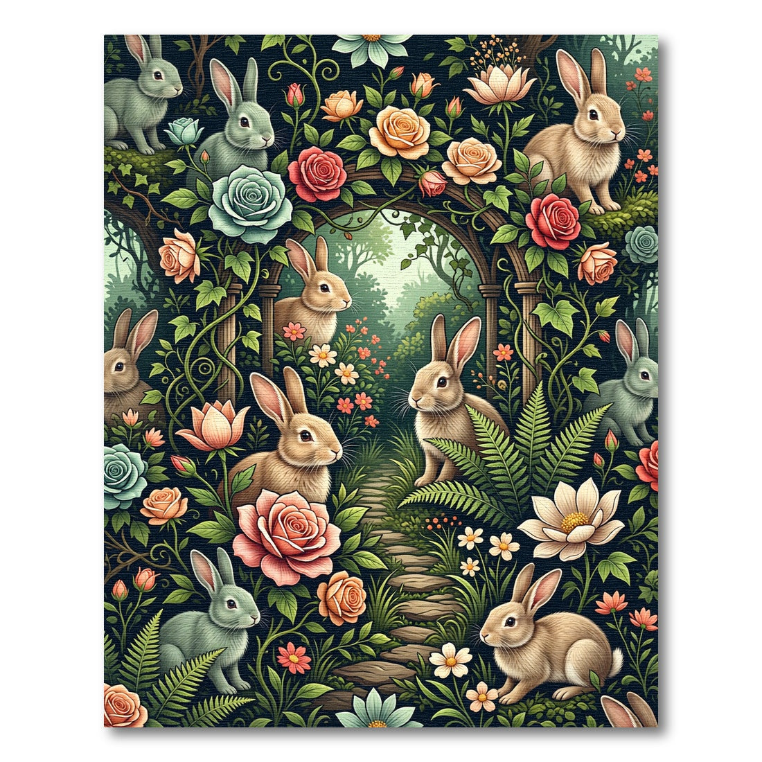 Enchanted Woodland Rabbit and Rose Garden Rug