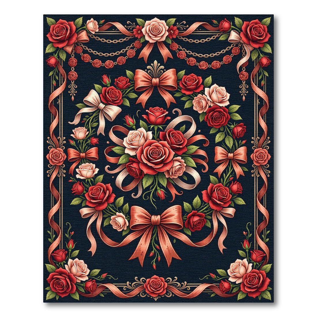 Elegant Red Roses Ribbon Garland Rug