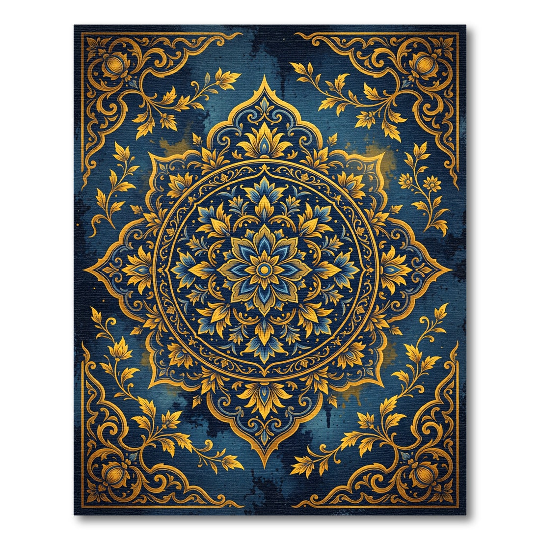 Golden Blue Floral Medallion Mandala Rug