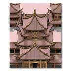Symmetrical Golden Pagoda Architectural Pink Landscape Rug