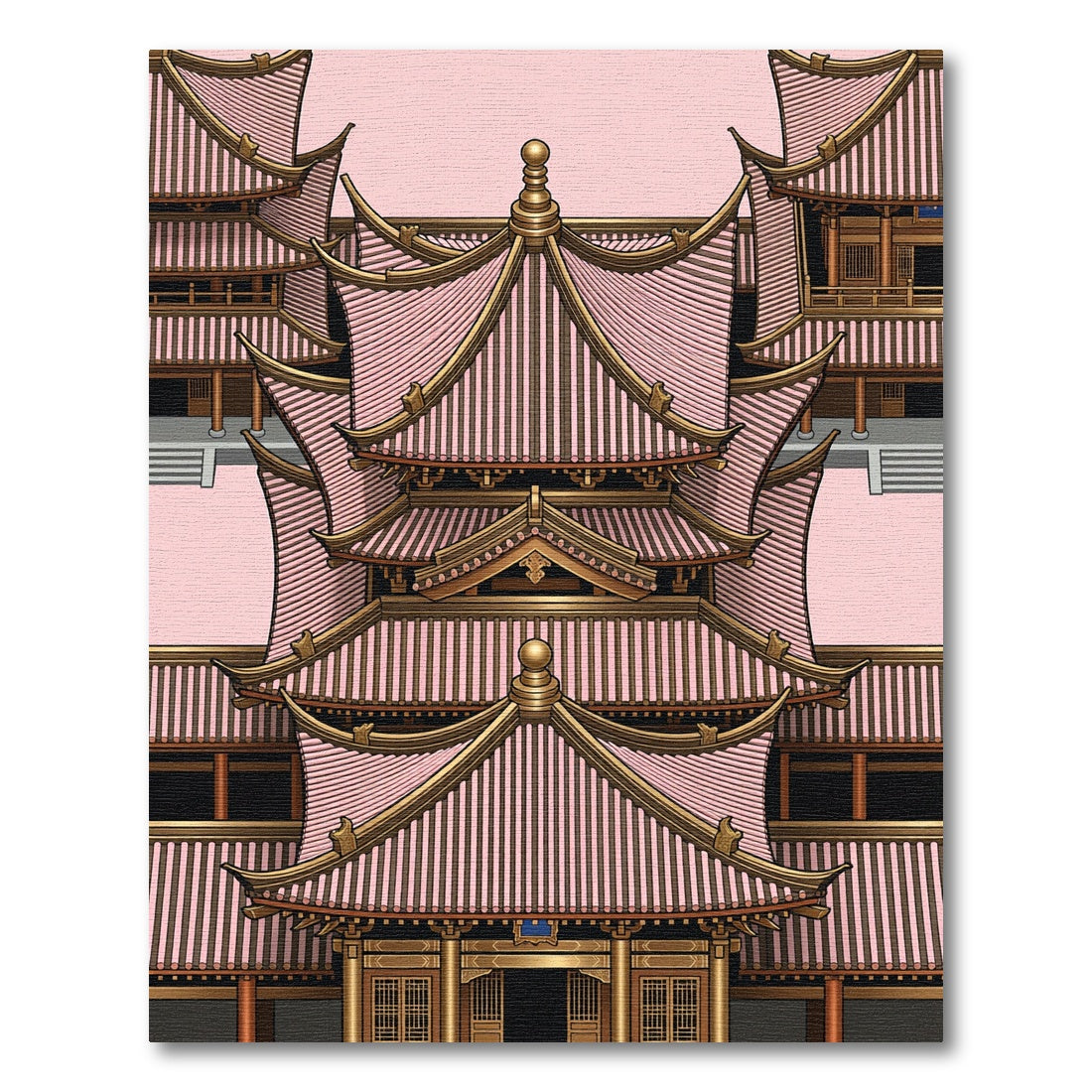 Symmetrical Golden Pagoda Architectural Pink Landscape Rug