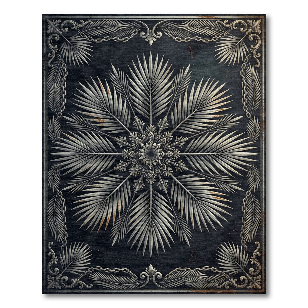 Metallic Silver Palm Leaf Mandala Rug