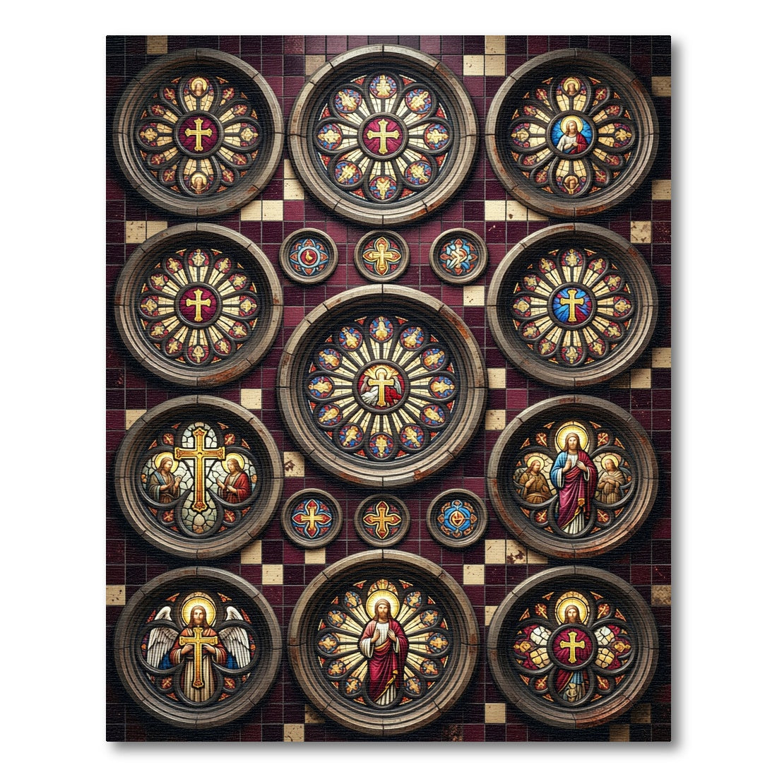 Gothic Stained Glass Burgundy Cross Medallion Rug