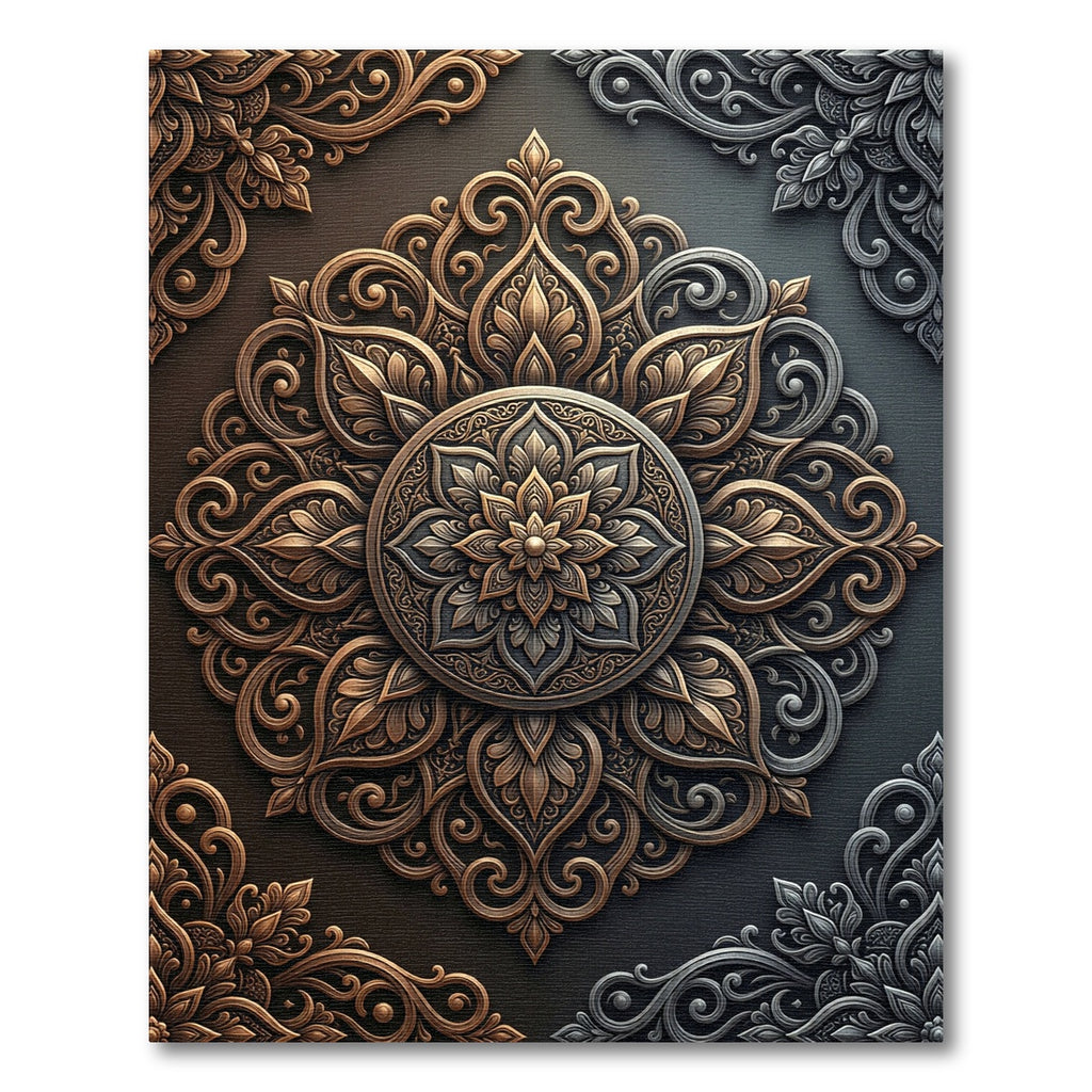 Elegant Bronze Silver Filigree Medallion Rug