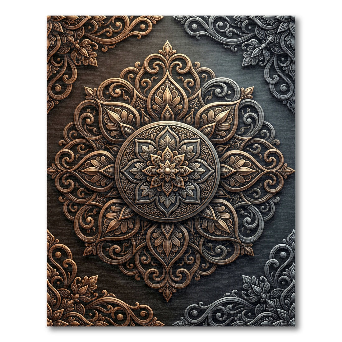 Elegant Bronze Silver Filigree Medallion Rug