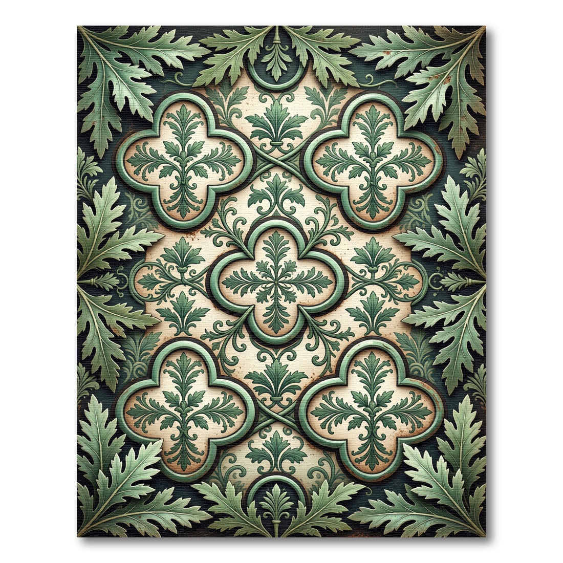 Elegante Sage Botanical Quatrefoil Scroll Rug