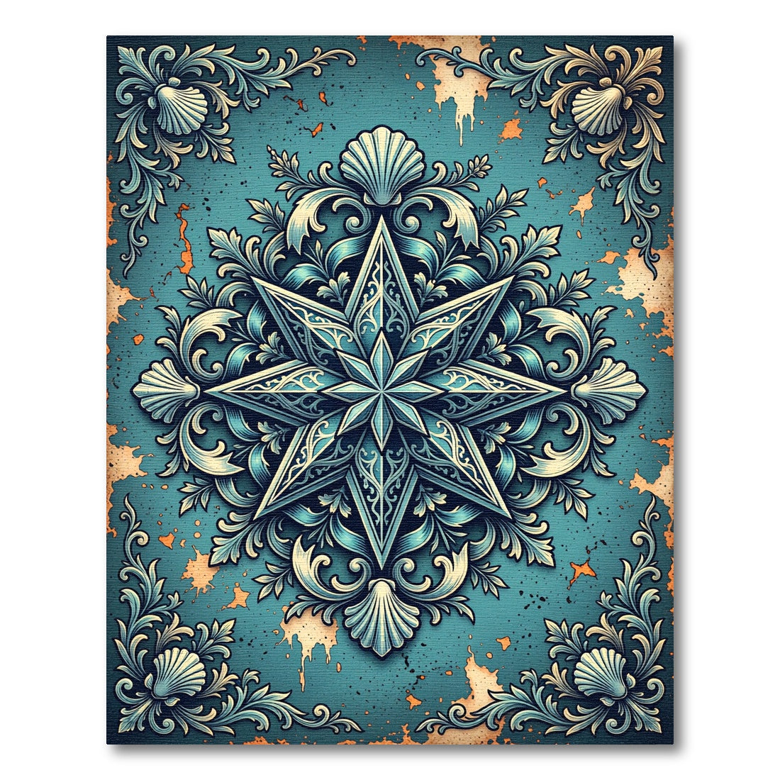 Ornate Teal Star Shell Damask Medallion Rug