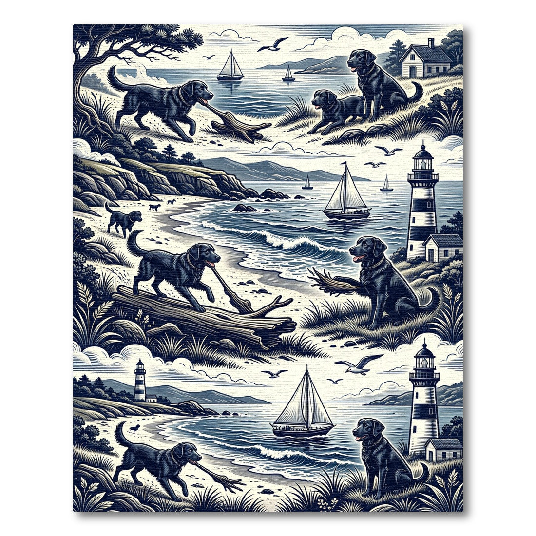 Coastal Black Labrador Sailor Etching Illustration Rug