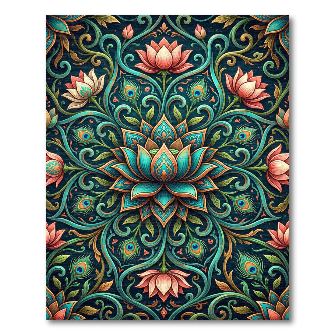 Peacock Lotus Teal Coral Floral Medallion Rug