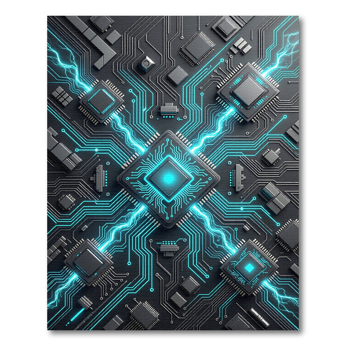 Neon Cyber Circuit Glowing Tech Grid Rug