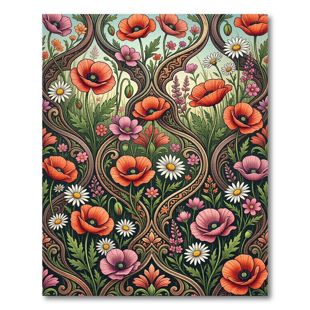 Ornate Poppy And Daisy Floral Scroll Rug