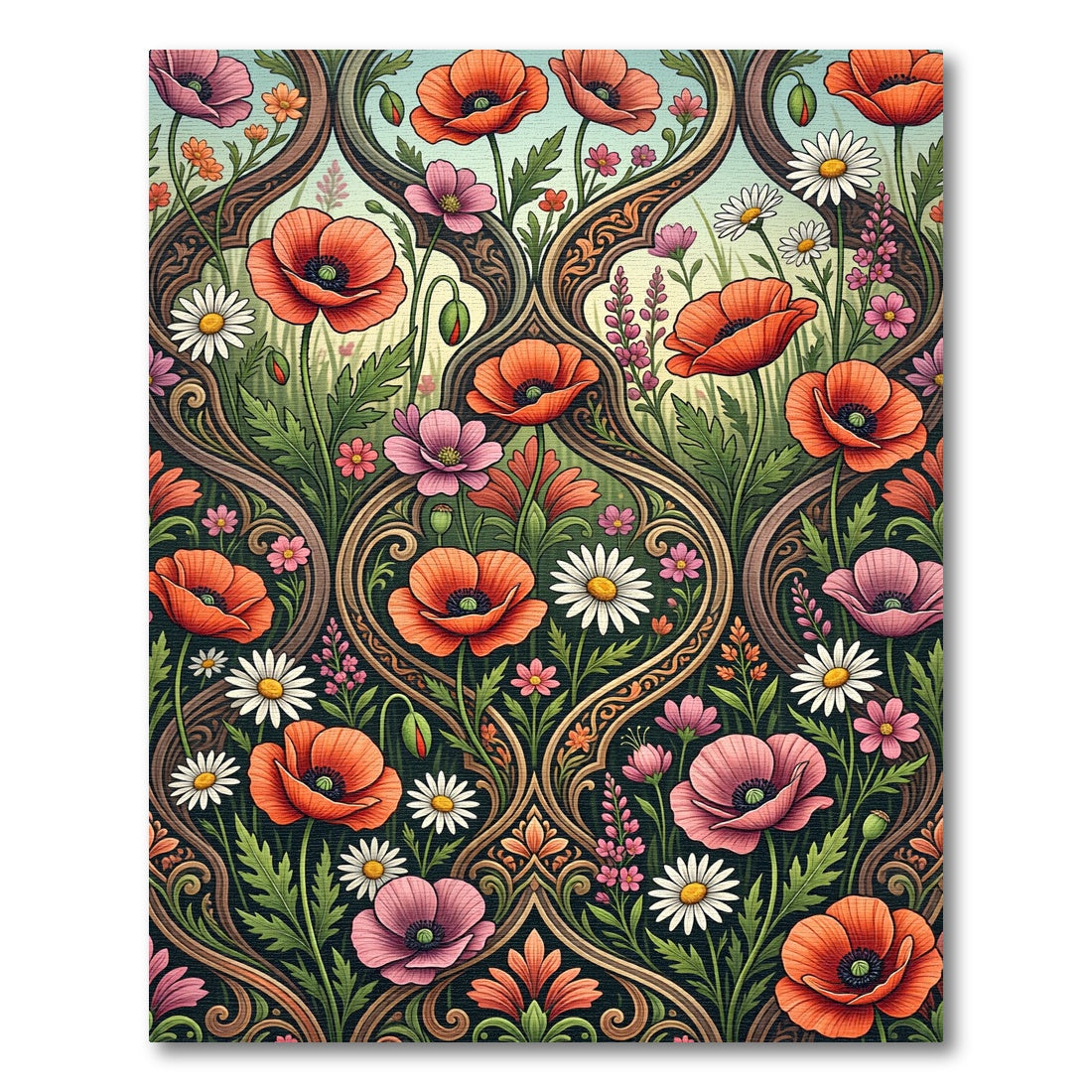 Ornate Poppy And Daisy Floral Scroll Rug