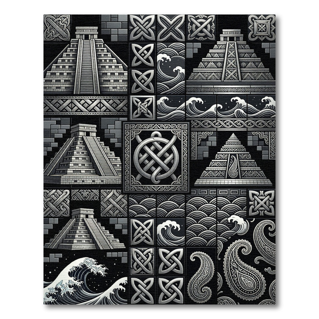 Monochromatic Black Geometric Mayan Waves Rug