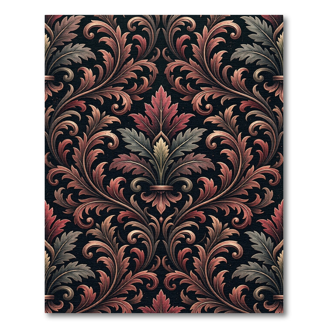 Ornate Crimson Foliage Scroll Damask Rug