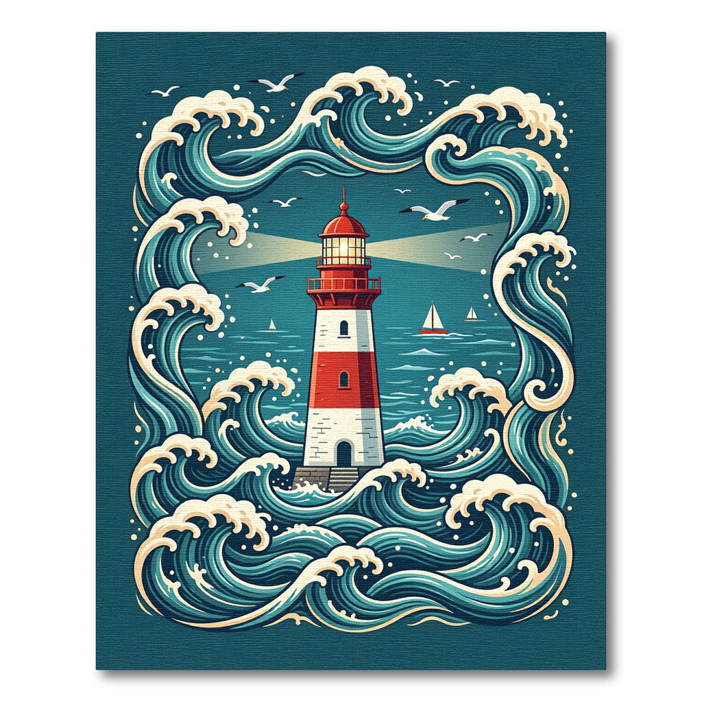 Coastal Red White Lighthouse Amidst Waves Rug