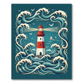 Coastal Red White Lighthouse Amidst Waves Rug