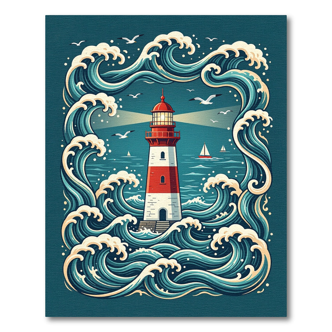 Coastal Red White Lighthouse Amidst Waves Rug