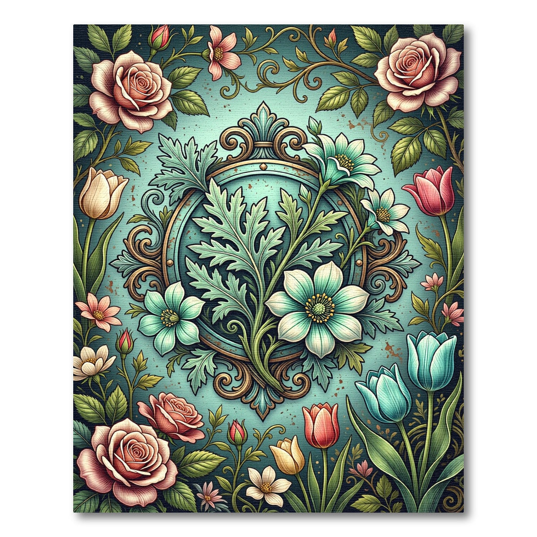 Sage Floral Medallion Antique Rose Bloom Rug