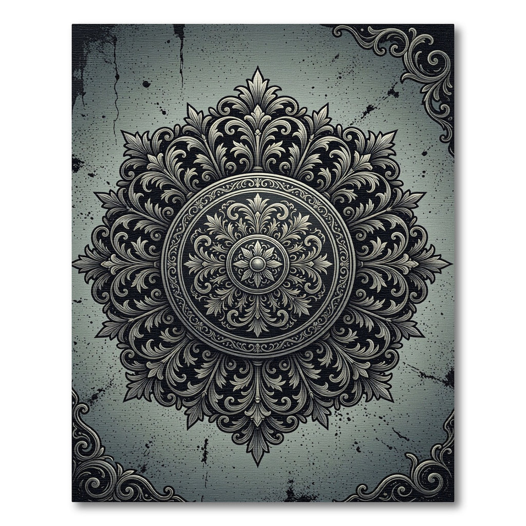 Ornate Charcoal Filigree Silver Medallion Rug