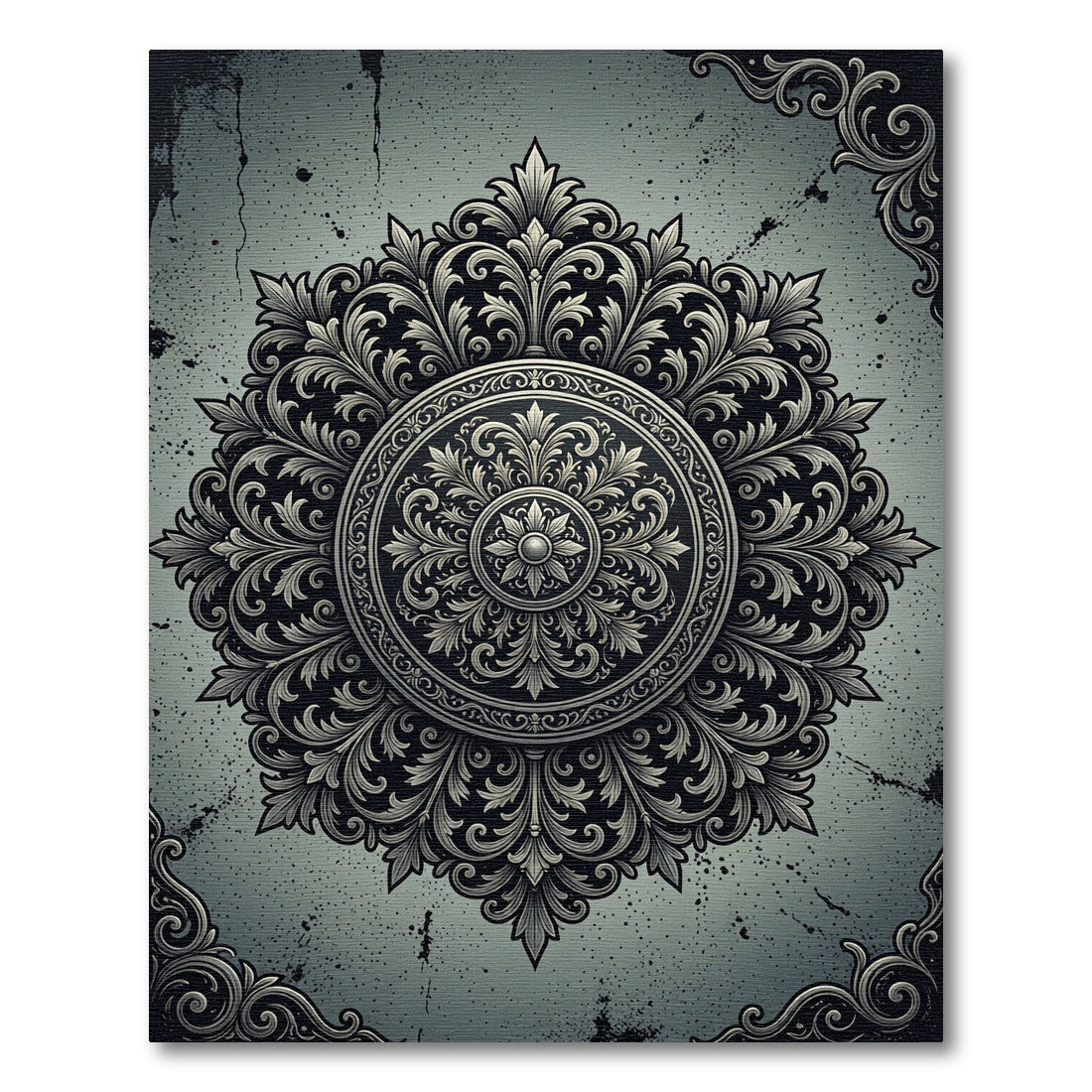 Ornate Charcoal Filigree Silver Medallion Rug