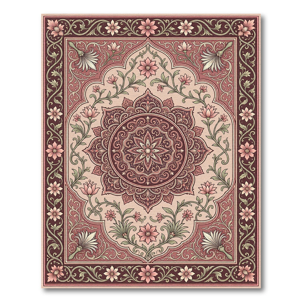 Burgundy Pink Floral Medallion Scrollwork Rug