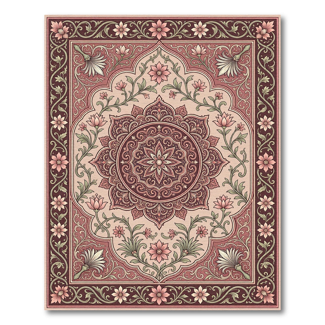 Burgundy Pink Floral Medallion Scrollwork Rug