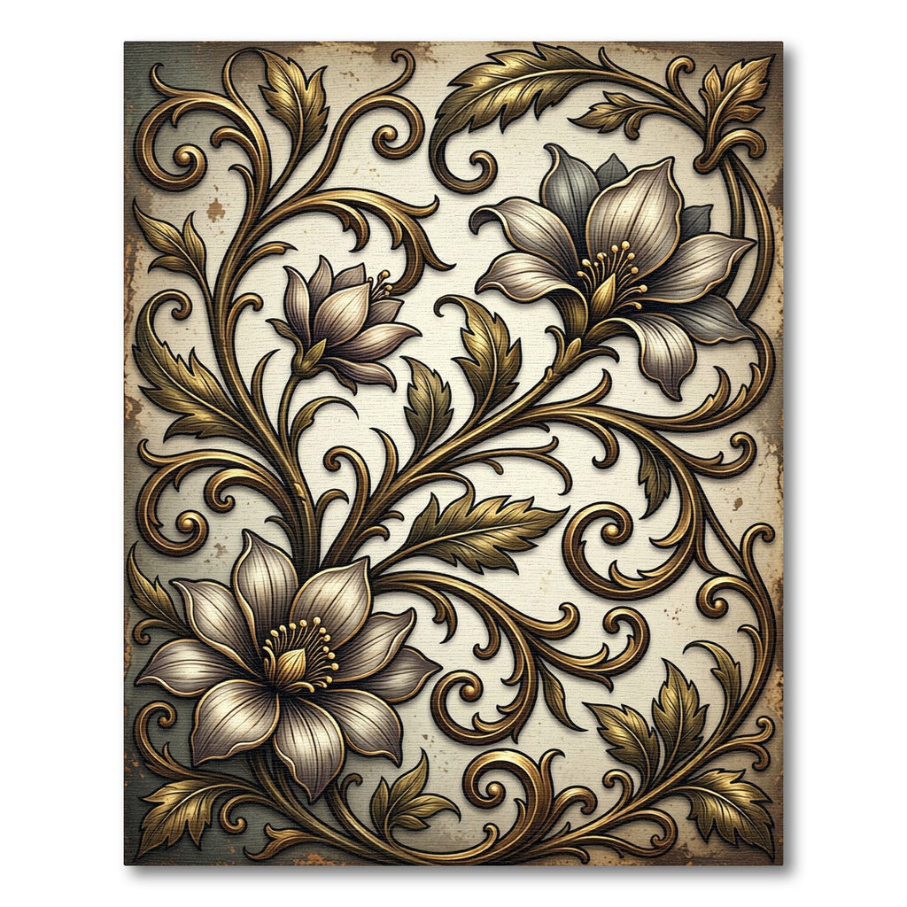 Elegant Golden Floral Scrollwork Art Rug