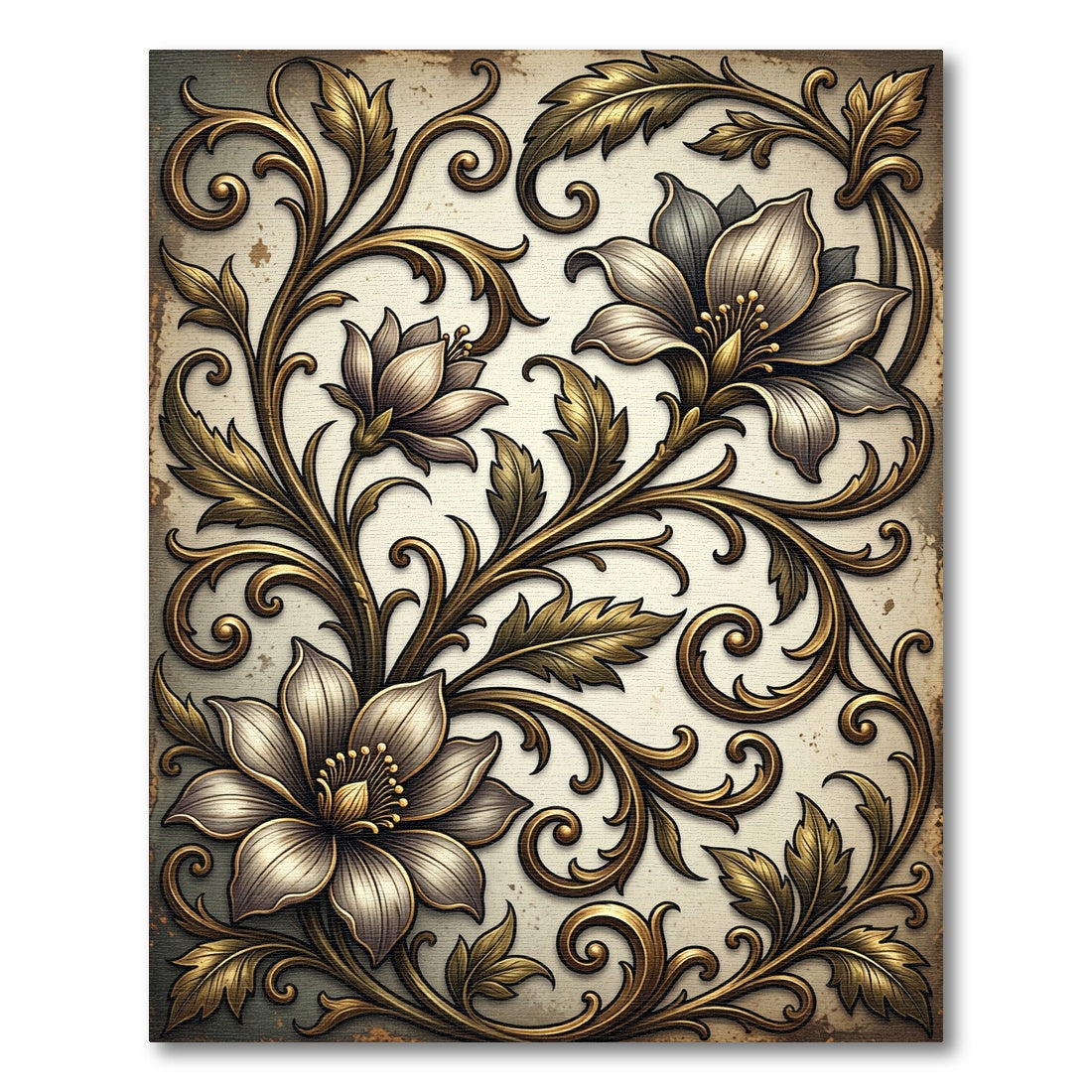Elegant Golden Floral Scrollwork Art Rug
