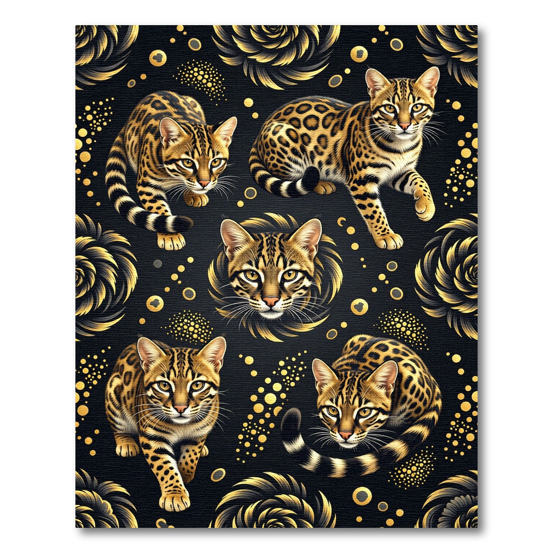 Elegant Leopard Cats Golden Floral Rug