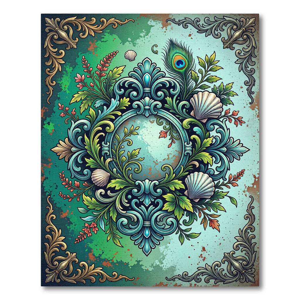 Vibrant Emerald Peacock Seashell Scrollwork Rug
