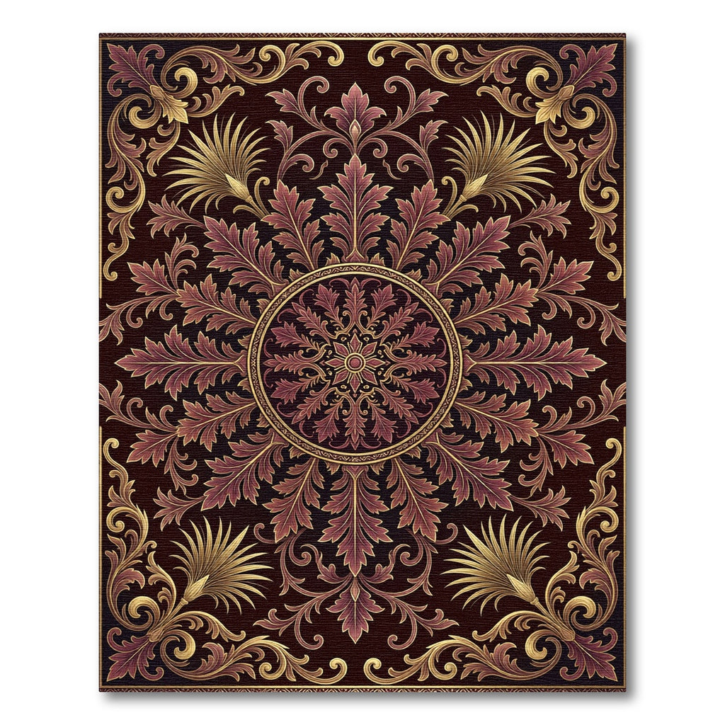 Ornate Crimson Gold Scrollwork Rug