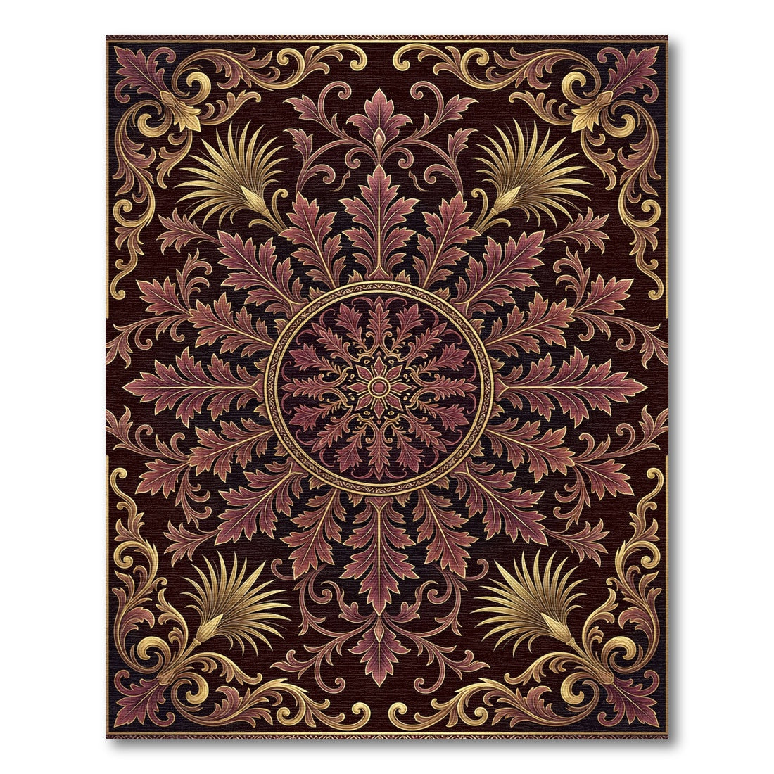 Ornate Crimson Gold Scrollwork Rug
