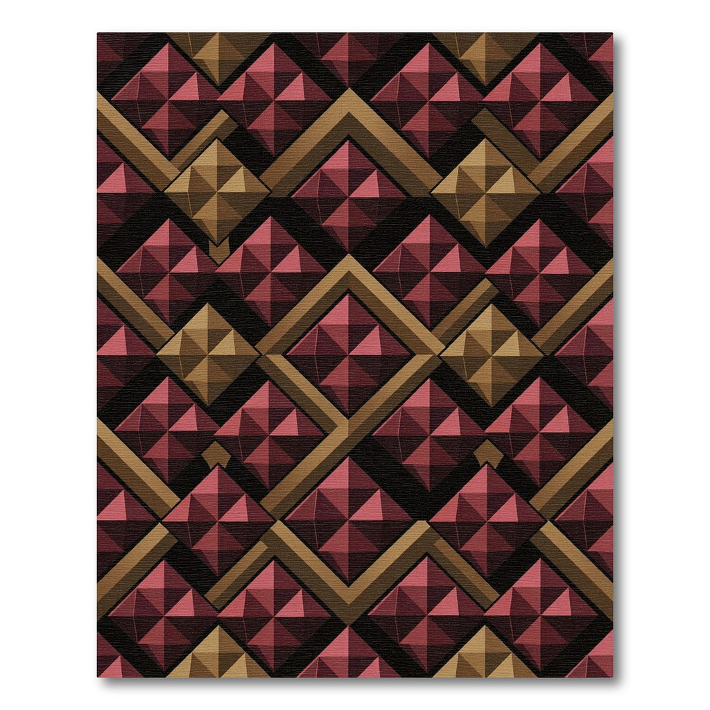 Dimensional Crimson Gold Geometric Tiles Rug