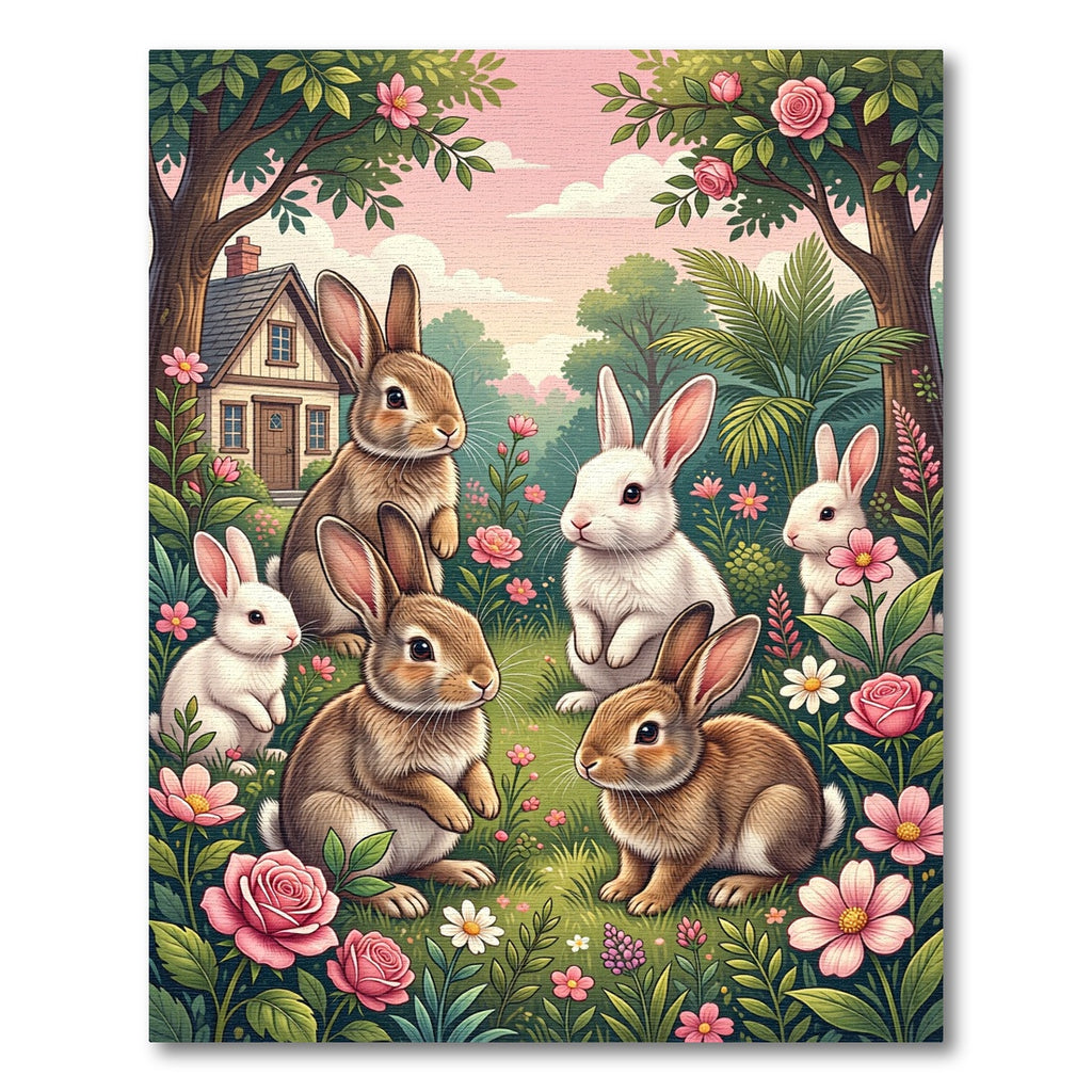 Whimsical Pastel Meadow Bunny Garden Rug