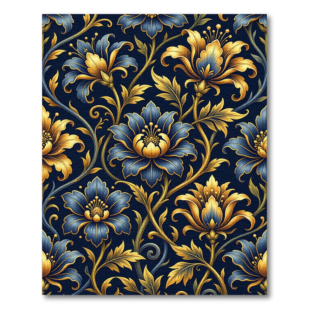 Golden Floral Bloom Navy Botanical Rug