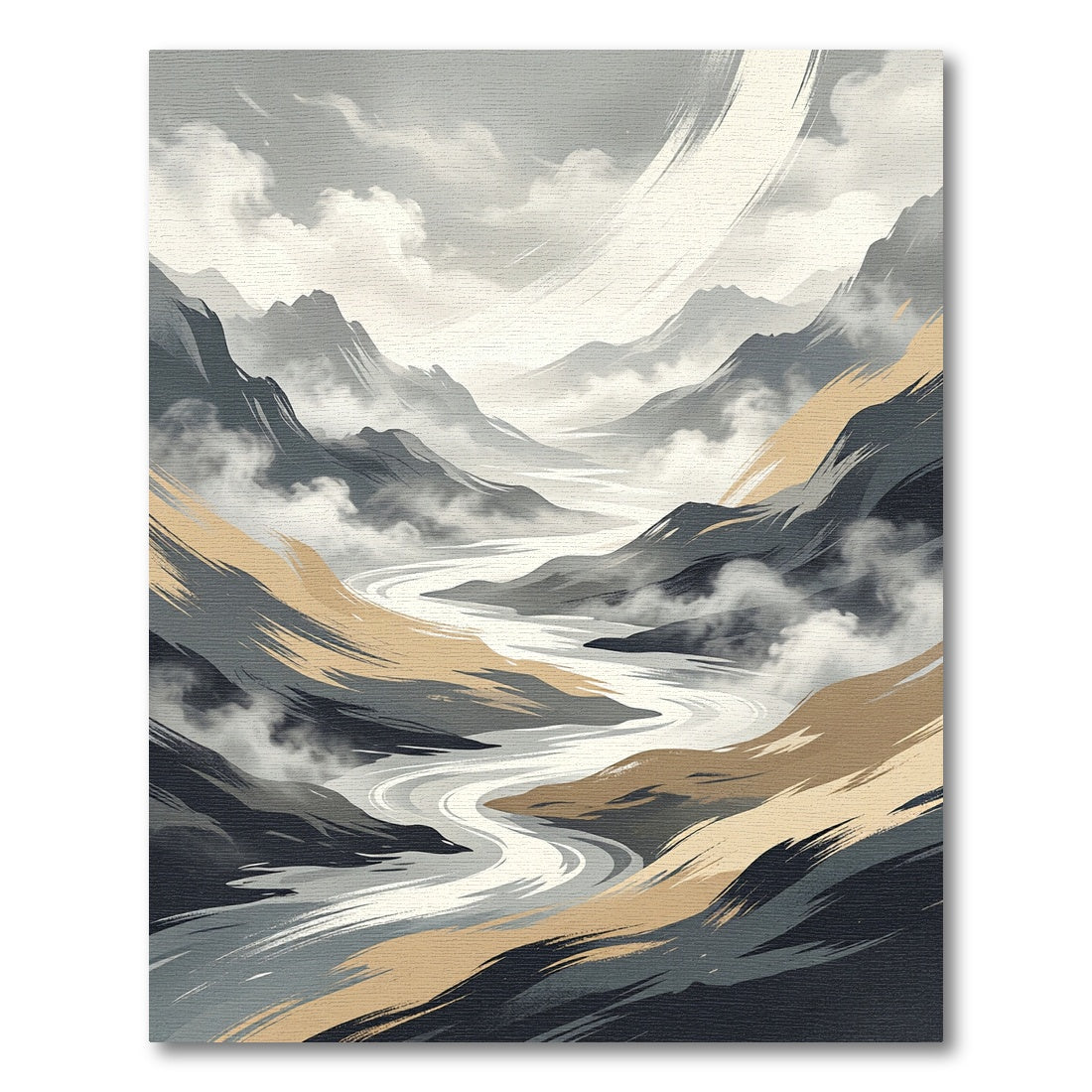 Abstract Gray and Golden Mountain Landscape Rug