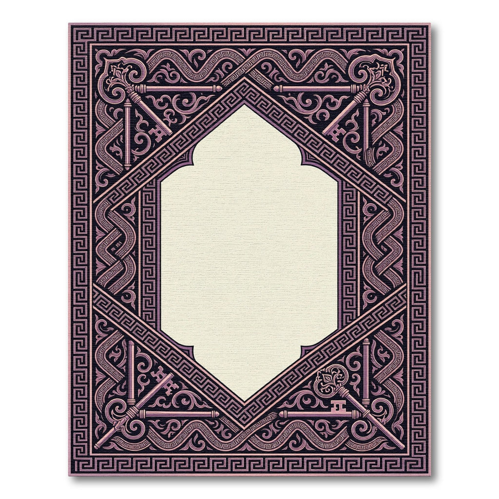 Ornate Pink Key Geometric Border Rug