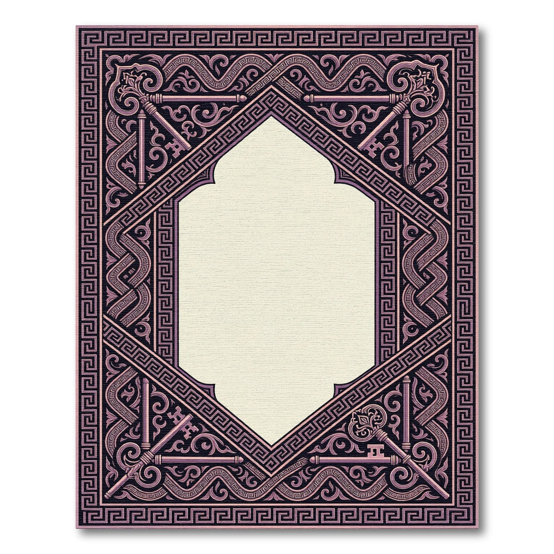 Ornate Pink Key Geometric Border Rug