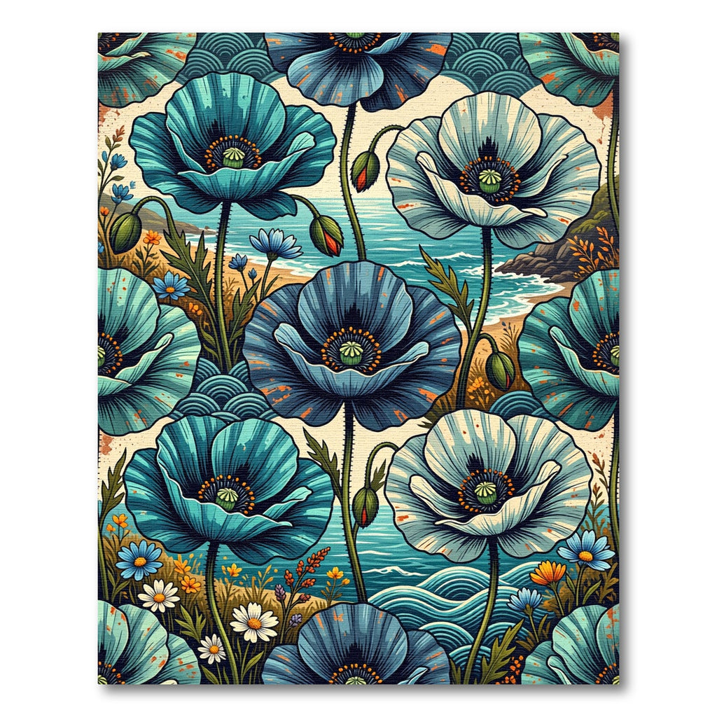 Coastal Blue Poppy Sea Wave Art Rug