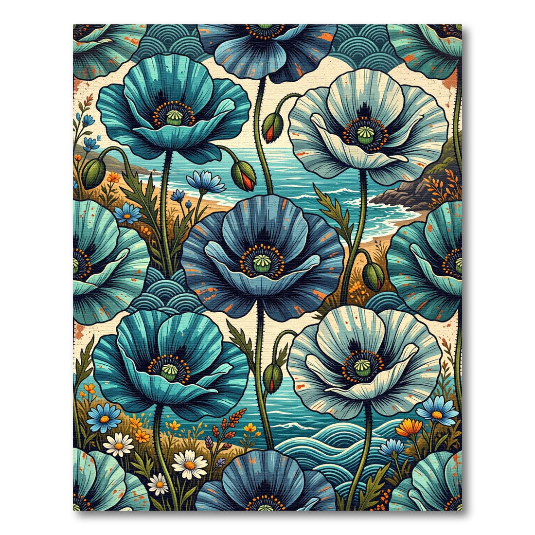 Coastal Blue Poppy Sea Wave Art Rug