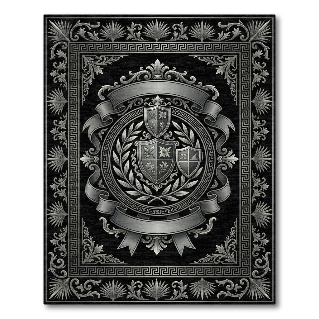 Ornate Silver Crest Laurel Wreath Rug