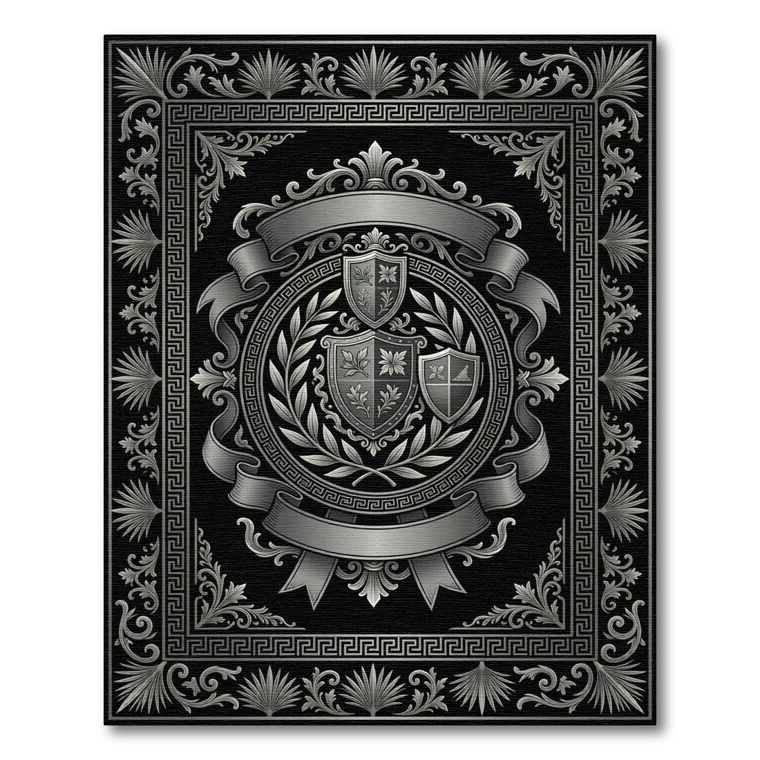 Ornate Silver Crest Laurel Wreath Rug