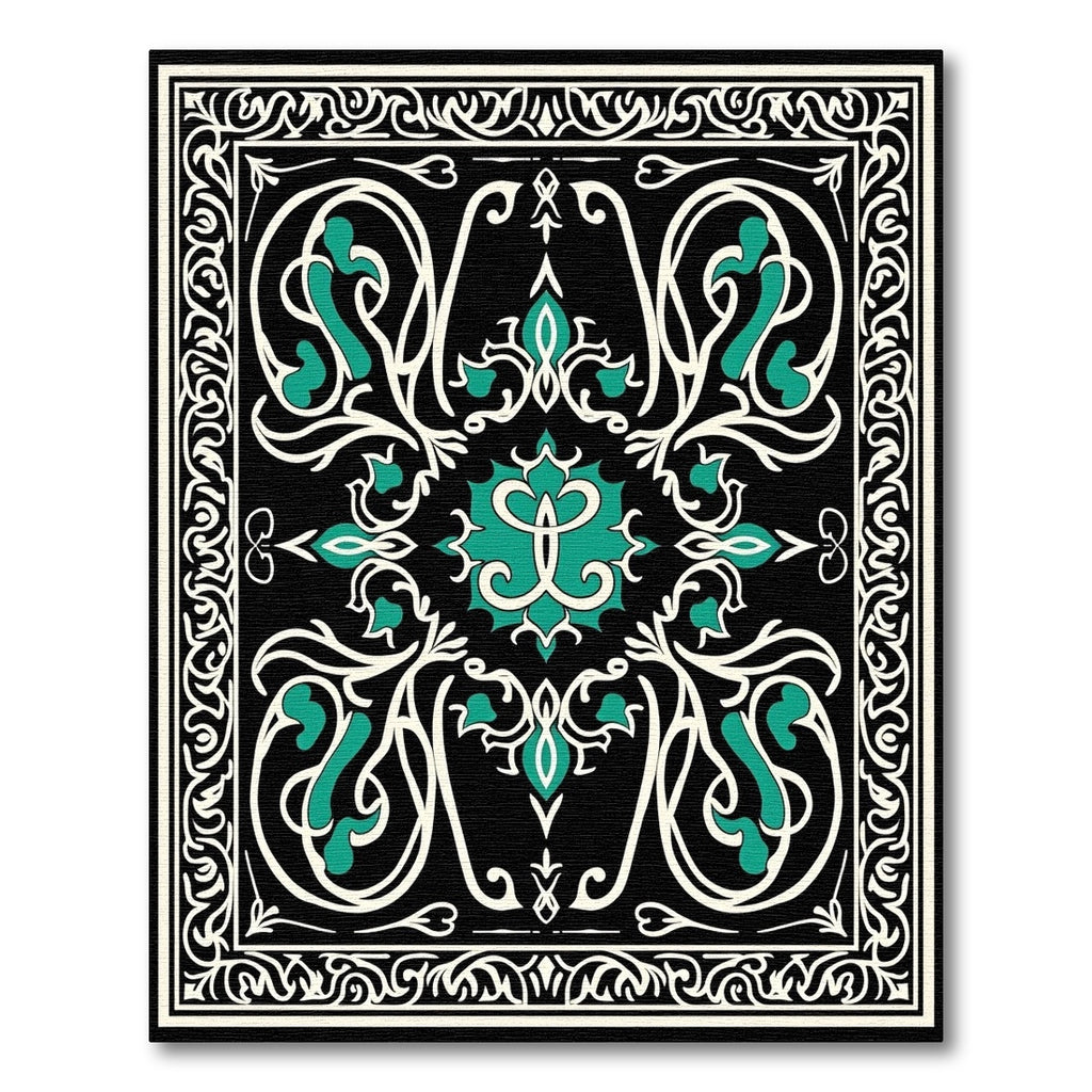 Black Cream Teal Arabesque Scroll Rug