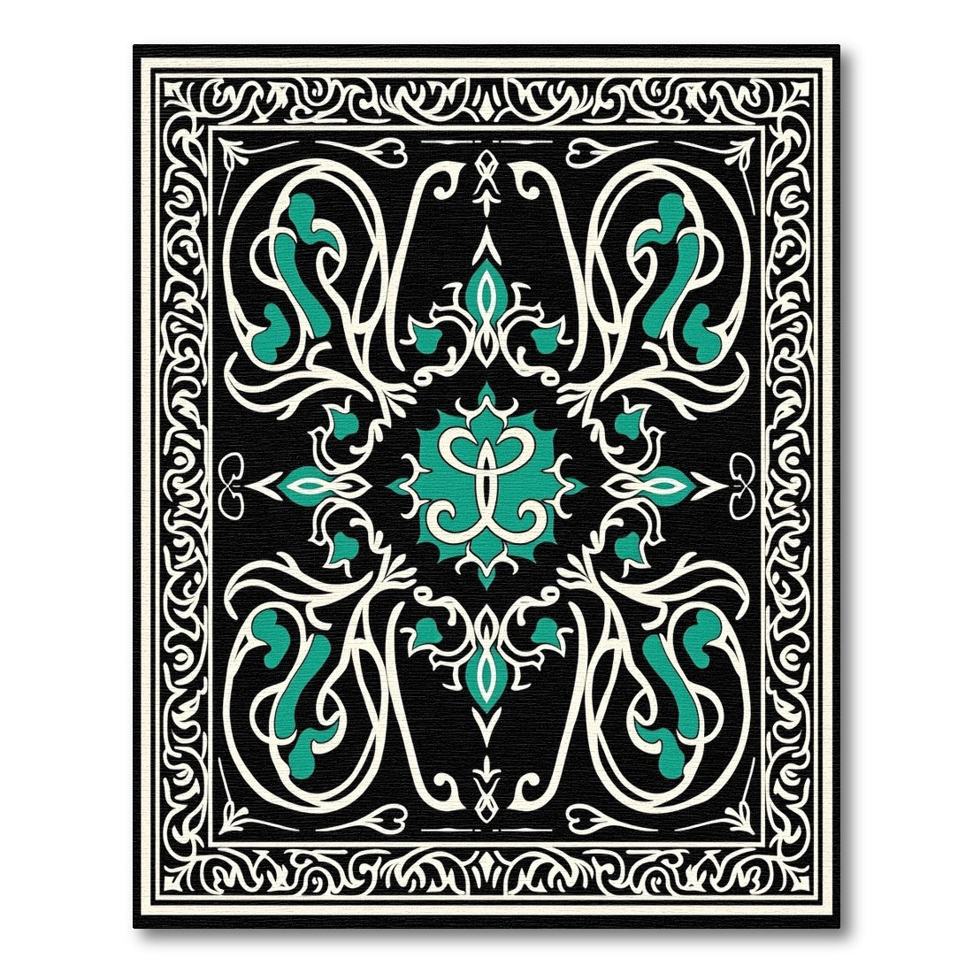 Black Cream Teal Arabesque Scroll Rug
