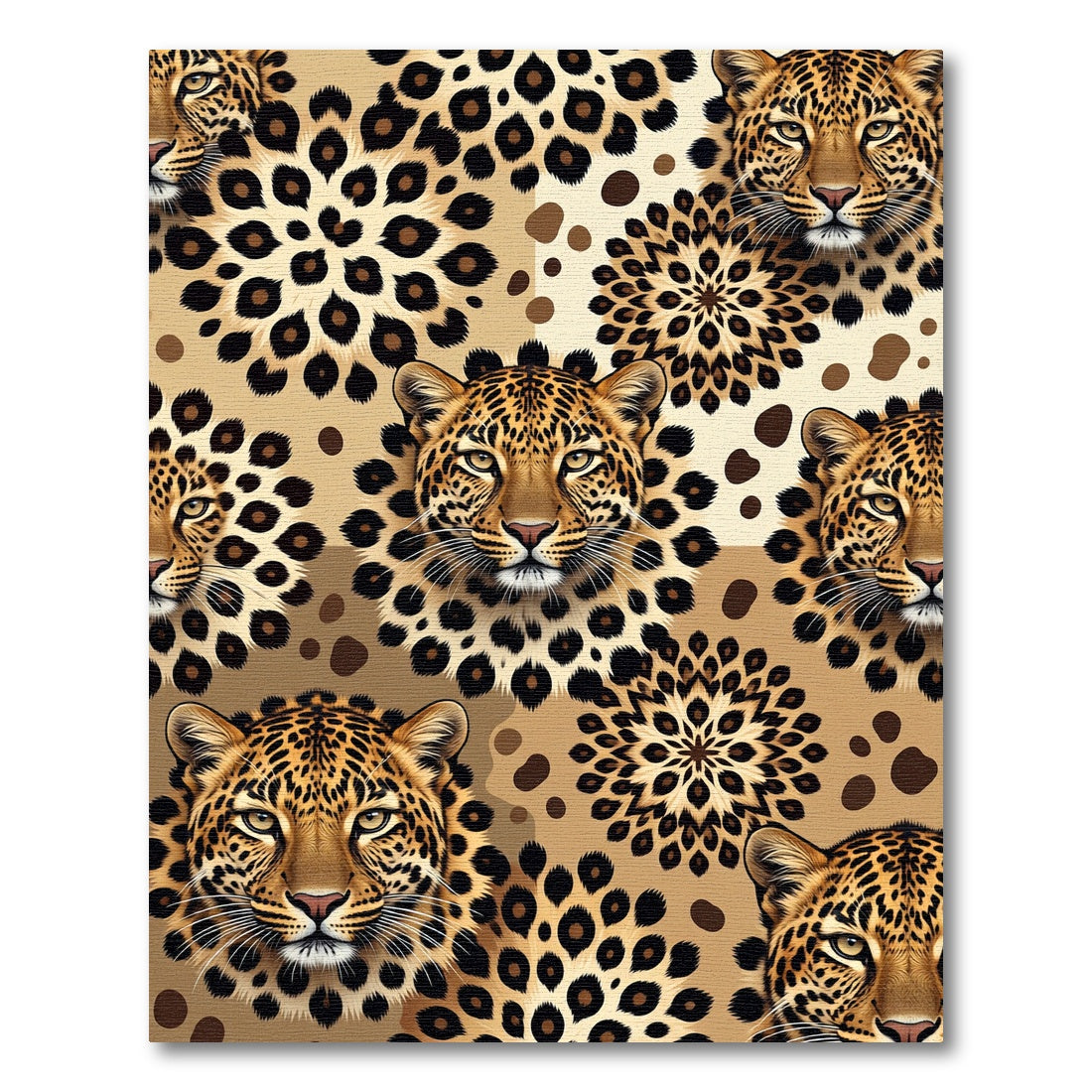 Golden Leopard Face and Rosette Tapestry Rug