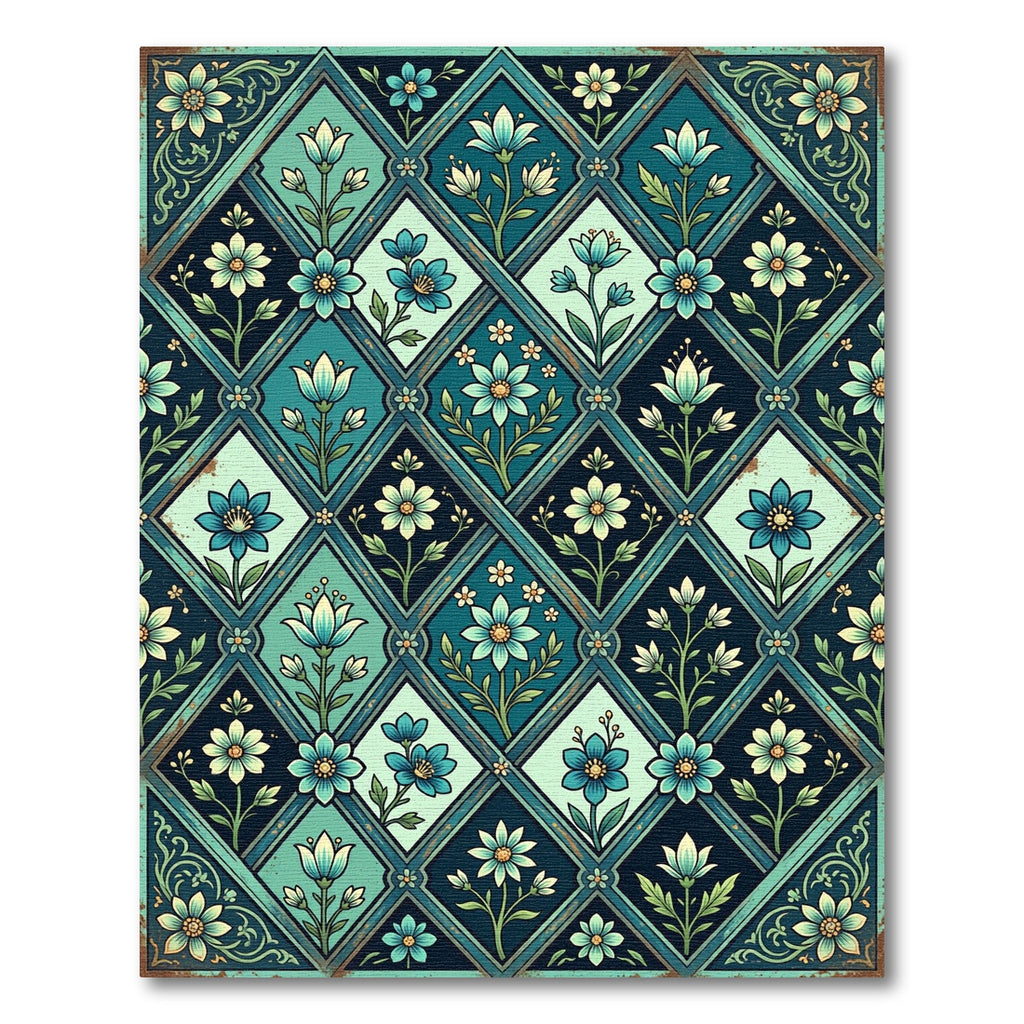Teal Botanic Diamond Lattice Floral Rug