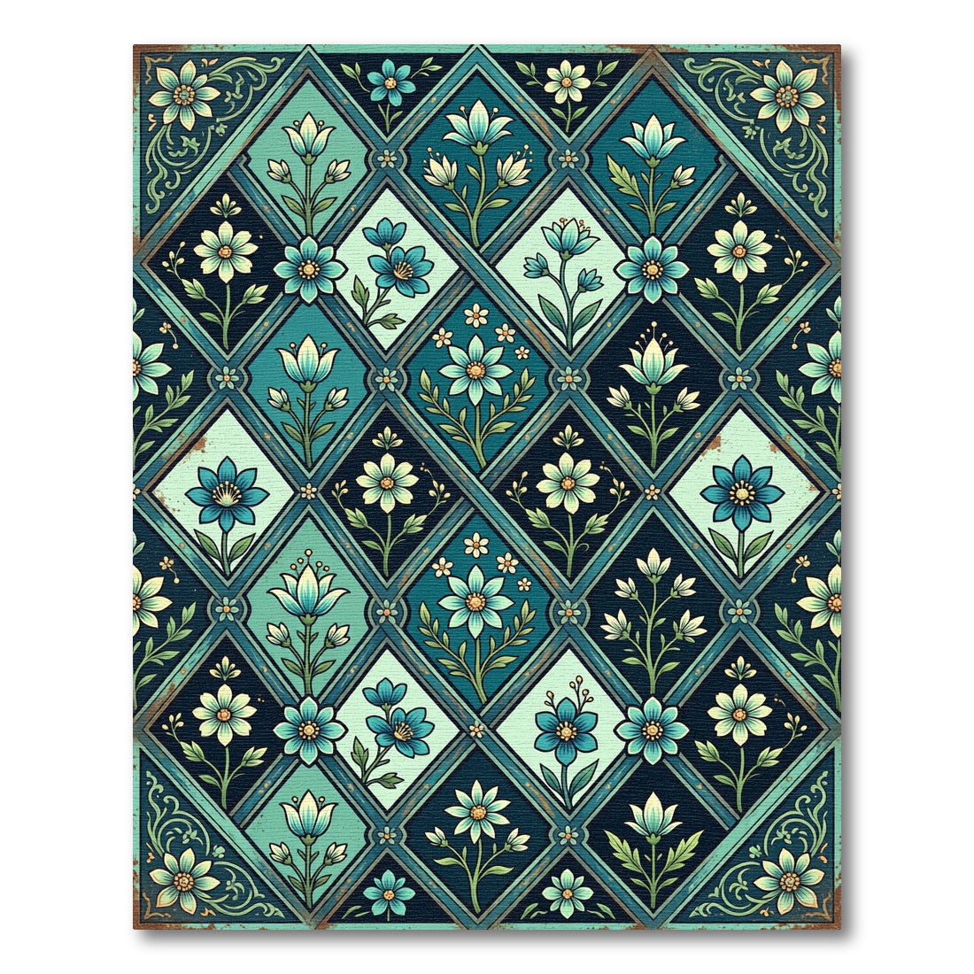 Teal Botanic Diamond Lattice Floral Rug