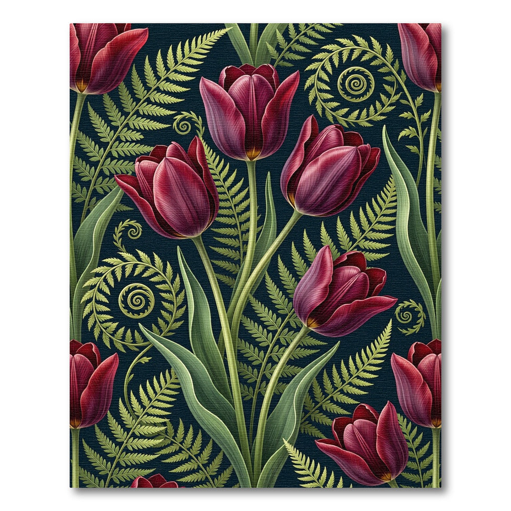 Deep Burgundy Tulips Fern Swirls Rug