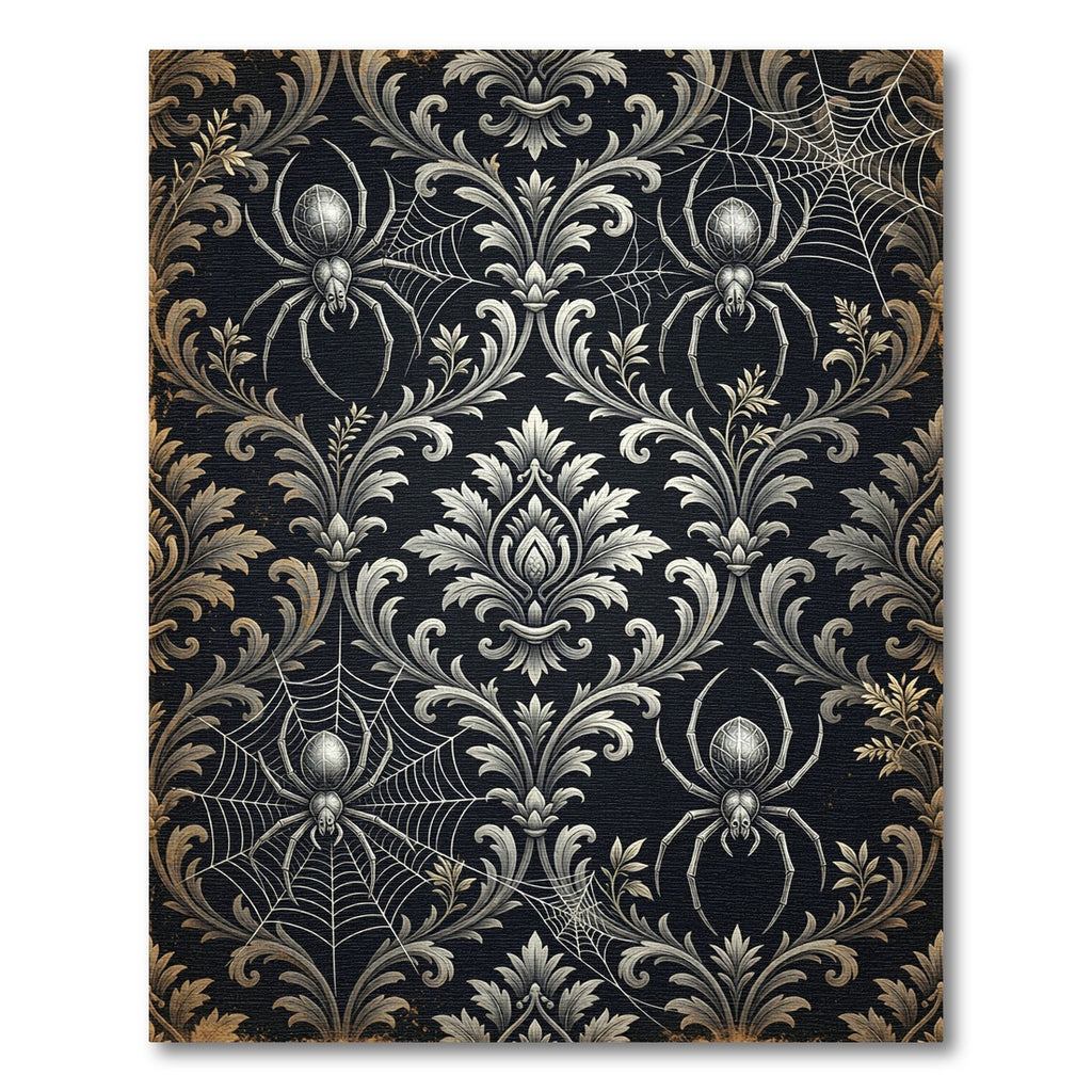 Gothic Black Silver Damask Spider Web Rug